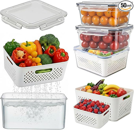 5 Pack Large Fruit Storage Containers for Fridge with Removable Colander-Plastic Food Storage Containers with Lids Airtight-Leak Proof Refrigerator Organizers and Storage of Vegetable -Produce Storage by RockBerry