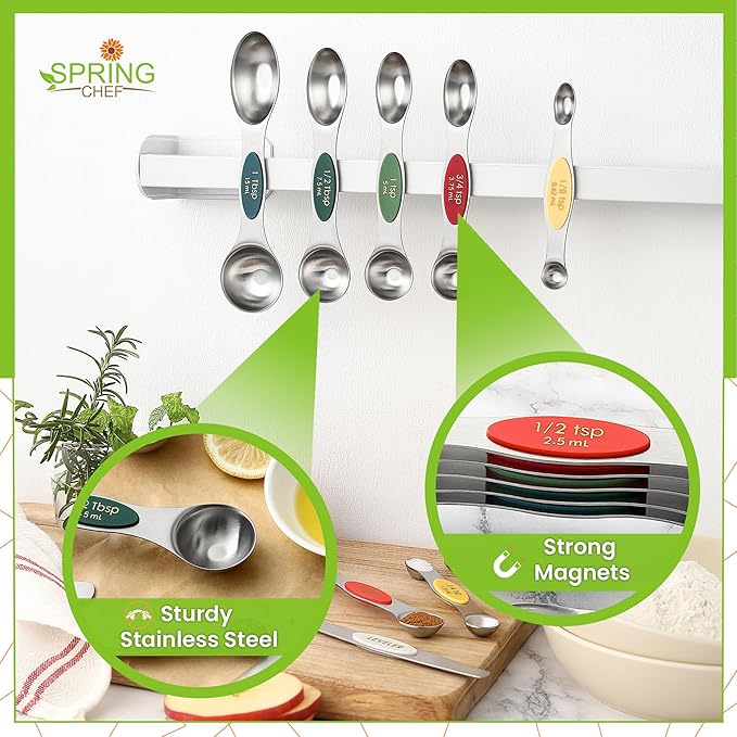 Spring Chef Stainless Steel Magnetic Measuring Spoons Set of 8 with Leveler, Metal Teaspoon & Tablespoon Measure Spoons Set for Baking & Cooking, Stackable & Double Sided Kitchen Gadgets - Very Merry - Image 5