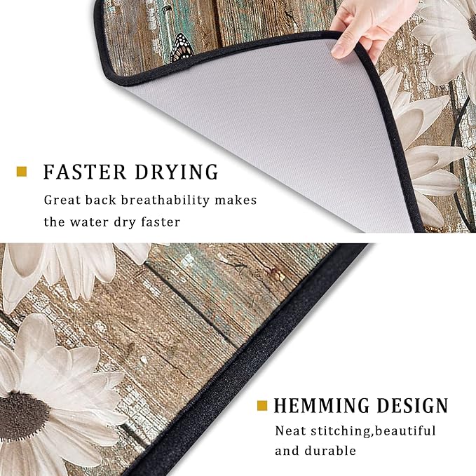 Giwawa Rustic Daisy Board Dish Drying Mat for Kitchen Countertop 18x24 inch Sunflower on Wooden Plank Dish Drainer Mats Fast Drying Country Shabby Chic Flower Dish Pad Vintage Kitchen Decor Large