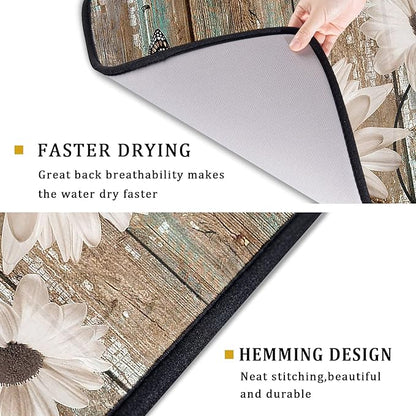 Giwawa Rustic Daisy Board Dish Drying Mat for Kitchen Countertop 18x24 inch Sunflower on Wooden Plank Dish Drainer Mats Fast Drying Country Shabby Chic Flower Dish Pad Vintage Kitchen Decor Large