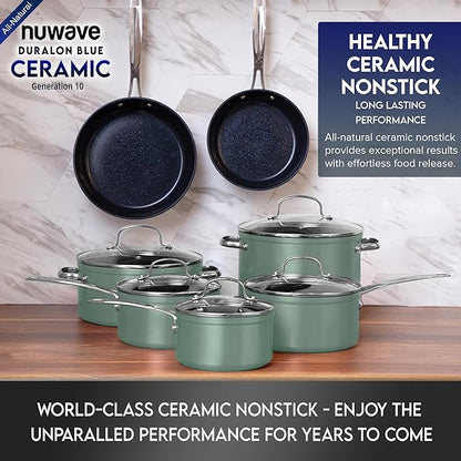 Nuwave Healthy Duralon Blue Ceramic Nonstick Cookware Set, Diamond Infused Scratch-Resistant, PFAS Free, Dishwasher & Oven Safe, Induction Ready & Evenly Heats, Tempered Glass Lids & Stay-Cool Handles - Image 8