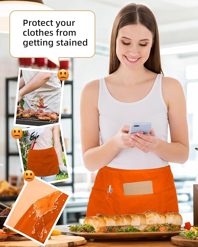 Argstar 2 Pack Server Apron with 4 Pockets, Waitress Waiter Waist WaterDrop Resistant Short Aprons