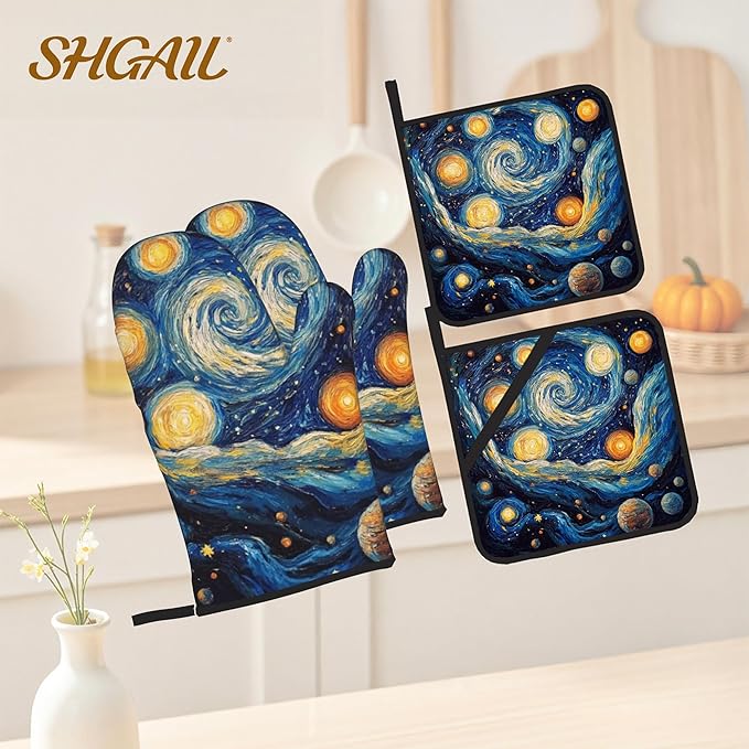 Abstract Starsky Oven Mitts & Potholder Set of 4 - Heat Resistant Kitchen Gloves Hot Pads for Baking, Cooking, Gifts for Women
