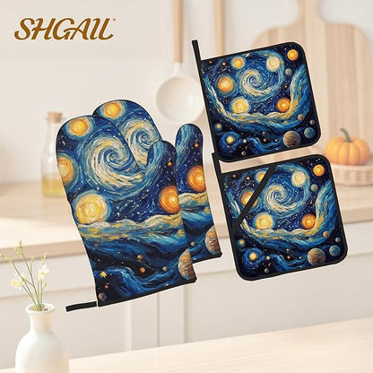 Abstract Starsky Oven Mitts & Potholder Set of 4 - Heat Resistant Kitchen Gloves Hot Pads for Baking, Cooking, Gifts for Women