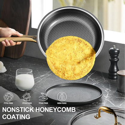FogDream 12 Inch Stainless Steel Frying Pan with Lid, Honeycomb Hybrid Nonstick Skillet for Induction & All Cooktops, PFAS/PFOA/PTFE Free, Oven Safe to 500°F, Stay-Cool Handle, Dishwasher Safe, Gold - Image 2