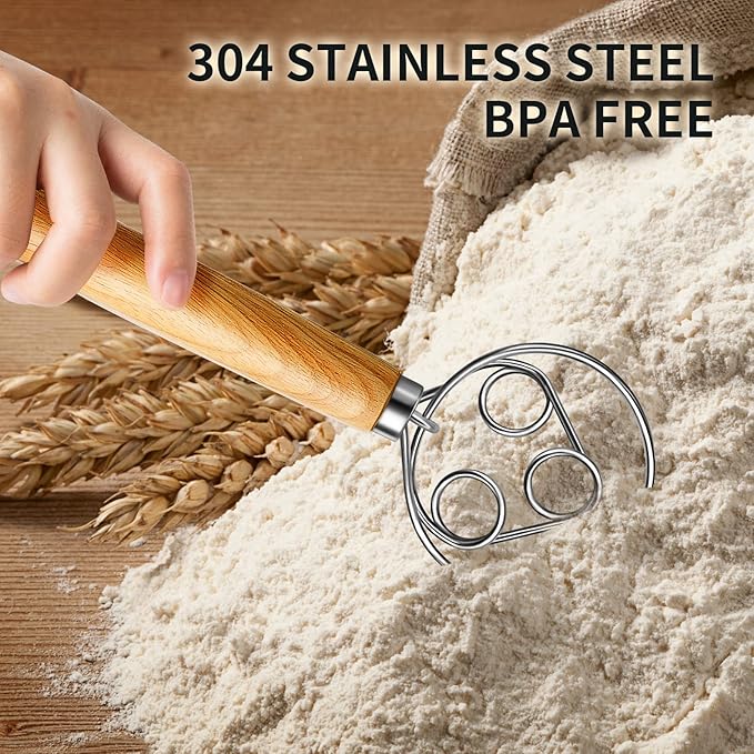 TEEVEA Danish Dough Whisk for Bread Sourdough, Wooden Handle & Stainless Steel Hook - Image 3