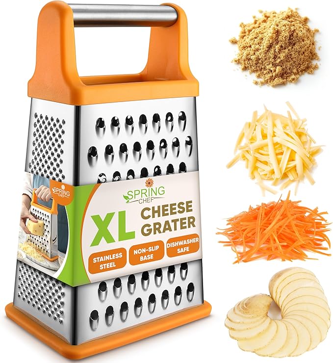 Spring Chef Handheld Stainless Steel XL Parmesan Cheese Grater with Handle - 4 Sided Manual Box Grater for Kitchen - Dishwasher Safe Cheese Shredder for Carrot, Potato, Vegetables, Hash Brown - Mango by SpringChef