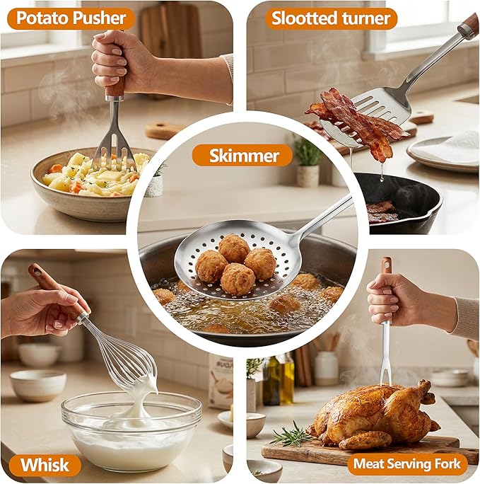 9PCS 18/8 Stainless Steel Kitchen Utensils Set, Heavy Duty Wooden Handle Cooking Utensils, Metal Cookware Utensils with Spatula, Ladle, Skimmer, Spaghetti Spoon and Potato Masher, Easy to Clean