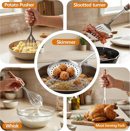 9PCS 18/8 Stainless Steel Kitchen Utensils Set, Heavy Duty Wooden Handle Cooking Utensils, Metal Cookware Utensils with Spatula, Ladle, Skimmer, Spaghetti Spoon and Potato Masher, Easy to Clean