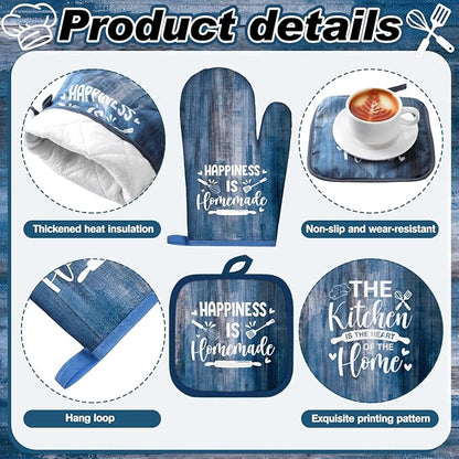 Fourluoo 10 Pcs Farmhouse Kitchen Decor and Accessories Set 4 Kitchen Towels 2 Pot Holders 2 Oven Mitts 2 Rugs for Cooking Baking Mom Housewarming Gifts(Blue,Classic Style) - Image 5