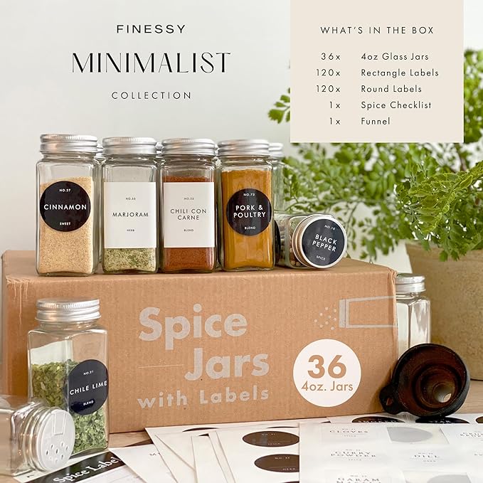 Glass Spice Jars with Labels with Metal Lids and Shakers Minimalist 36 Pack Set, 4oz Small Clear Empty Spice Bottles Seasoning Containers with Label Organizer Square Herb Seasoning Jars for Kitchen - Image 3