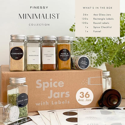 Glass Spice Jars with Labels with Metal Lids and Shakers Minimalist 36 Pack Set, 4oz Small Clear Empty Spice Bottles Seasoning Containers with Label Organizer Square Herb Seasoning Jars for Kitchen - Image 3