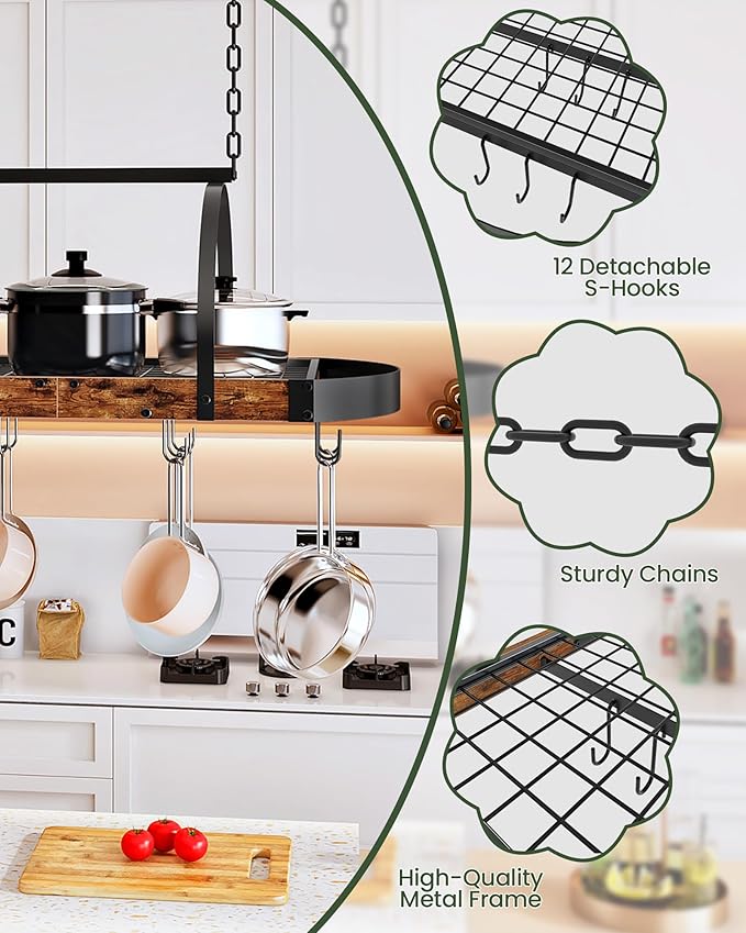 CHOEZON Hanging Pot Rack, Pot Hanger for Kitchen, Ceiling Mounted Pot Holder, Cookware Organizer with 12 S-Shaped Hooks, for Pot, Pan Storage, Space-Saving, Rustic Brown and Black TPR08BFC1 - Image 5