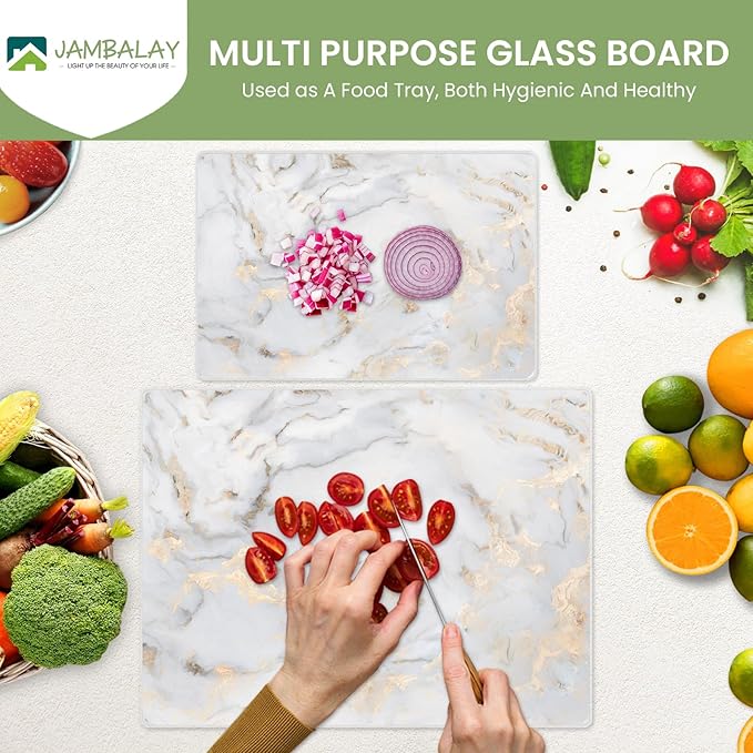 JAMBALAY Tempered Glass Cutting Boards for Kitchen, Gold 12"x8" & 16"x12" Glass Cutting Board Set with Marble Design, With Non Slip Foot, Shatter and Heat Resistant, Dishwasher Safe