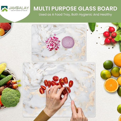 JAMBALAY Tempered Glass Cutting Boards for Kitchen, Gold 12"x8" & 16"x12" Glass Cutting Board Set with Marble Design, With Non Slip Foot, Shatter and Heat Resistant, Dishwasher Safe