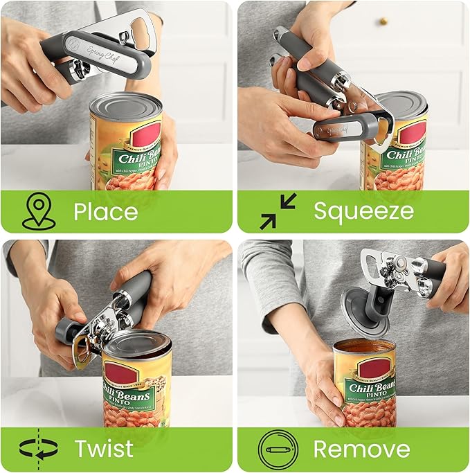 Spring Chef Stainless Steel Can Opener - Manual with Soft Grip Handles, Easy Turn, Heavy Duty Hand Can Openers for Seniors with Smooth Edge - Magnetic Lid Remover - Gray - Image 8