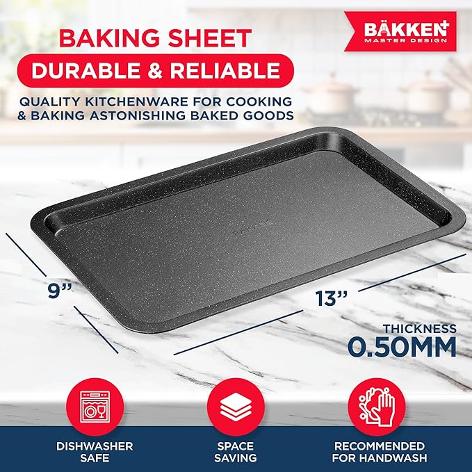 BAKKEN Kitchen Baking Pans - Nonstick Gray Coating, 13.18’’ × 8.66’’ Commercial Grade Carbon Steel Cookie Sheet, Baking Kitchen Essentials, PFOA, PFOS, PTFE Free, Oven Safe Tray (450° F), Gray - Image 2