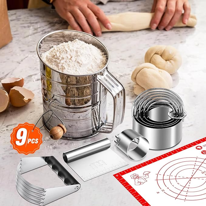 9PCS Stainless Steel Pastry Blender Set, 3 Cup Flour Sifter, Biscuit Cutter, Pastry Cutter, Dough Cutter, Silicone Baking Mats, for Cooking Cookies and Donuts, Cakes, Biscuits or Making Pancakes - Image 3