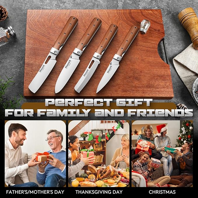 Huusk Folding Chef Knife Set - Including Nakiri, Santoku, Bread and Fruit Knives - EDC Kitchen Knife Set with 440C Stainless Steel Ultra Sharp Blade - Japanese Pocket Knives - Gifts for Mom