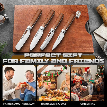 Huusk Folding Chef Knife Set - Including Nakiri, Santoku, Bread and Fruit Knives - EDC Kitchen Knife Set with 440C Stainless Steel Ultra Sharp Blade - Japanese Pocket Knives - Gifts for Mom