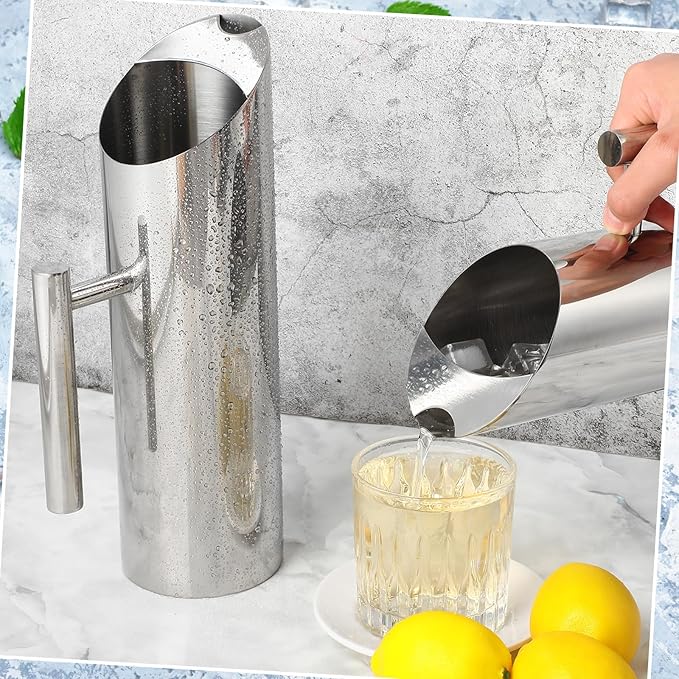 Funnymoom 6 Pack 53oz/1.5l Stainless Steel Water Pitcher Modern Metal Pitcher with Ice Guard Silver Carafe Drink with Handle or Iced Hot Drink Tea Juice Coffee Beer - Image 4