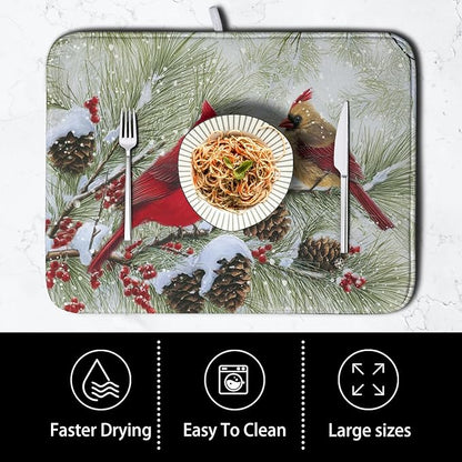 Winter Dish Drying Mat for Kitchen Counter 18x24 Inch Christmas Red Birds Drying Mats Xmas Holiday Microfiber Absorbent Dishes Drainer Mats Cardinal Dish Rack Pad - Image 4