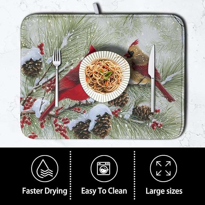 Winter Dish Drying Mat for Kitchen Counter 16x18 Inch Christmas Red Birds Drying Mats Xmas Holiday Microfiber Absorbent Dishes Drainer Mats Cardinal Dish Rack Pad - Image 4