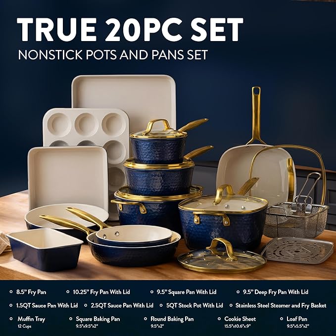 Gotham Steel Hammered 20Pcs Ceramic Cookware Set, Induction Pots and Pans Set Non Stick with Deep Fry Pan, Steamer, & Bakeware, Non Toxic PFOA PFOS Free, Oven & Dishwasher Safe