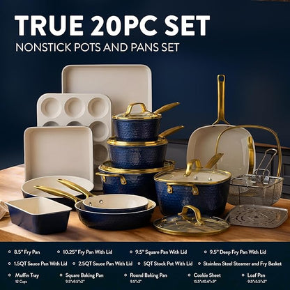 Gotham Steel Hammered 20Pcs Ceramic Cookware Set, Induction Pots and Pans Set Non Stick with Deep Fry Pan, Steamer, & Bakeware, Non Toxic PFOA PFOS Free, Oven & Dishwasher Safe