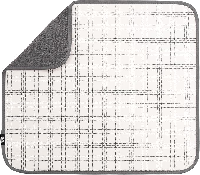S&T INC. Dish Drying Mat, 16” x 18”, Absorbent Microfiber Kitchen Counter Mat, Dish Drying Pad for Dishes, Utensils, Pots and Pans, Large, Stitched Plaid by STINC