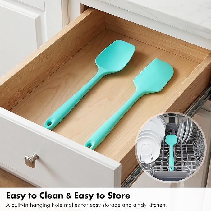 Silicone Spoon Spatula Set: 600ºF Heat Proof Food Grade Baking Essentials, Kitchen Flexible Nonstick Rubber Pan Spoon Spatula for Mixing, Scrambling, Scooping (Set of 3, Teal)