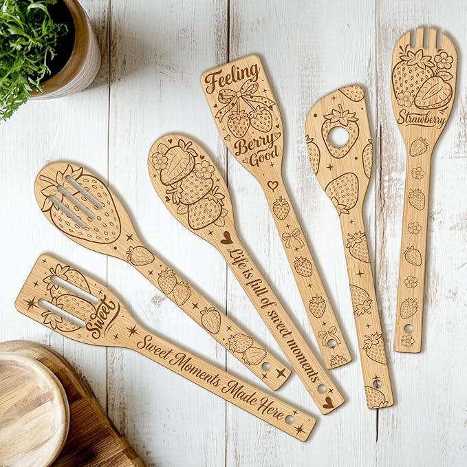 CUTHOLLOW 6PCS Strawberries and Flowers Wooden Kitchen Cooking Utensil Set, 11.9in Non Toxic Bamboo Wood Spoon Set for Cooking, Best Housewarming Birthday Thanksgiving Christmas Gift for Women Mother