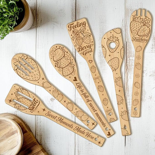 CUTHOLLOW 6PCS Strawberries and Flowers Wooden Kitchen Cooking Utensil Set, 11.9in Non Toxic Bamboo Wood Spoon Set for Cooking, Best Housewarming Birthday Thanksgiving Christmas Gift for Women Mother