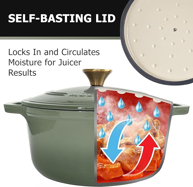 MUELLER HOME 6 Quart Enameled Cast Iron Dutch Oven For Sourdough Bread Baking, Heavy-Duty, Oven-Safe up to 500° F & Across All Cooktops, Casserole Dishes, Green Kitchen Accessories, Thyme Green - Image 5