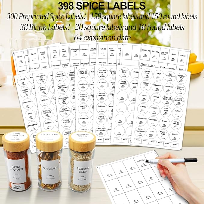 AISIPRIN Glass Spice Jars with 398 Labels-4oz 24 Pcs,Round Seasoning Jars with Bamboo Airtight Lids,Spice Container Set -Shaker Lids, Funnel,Brush and Marker Included - Image 4