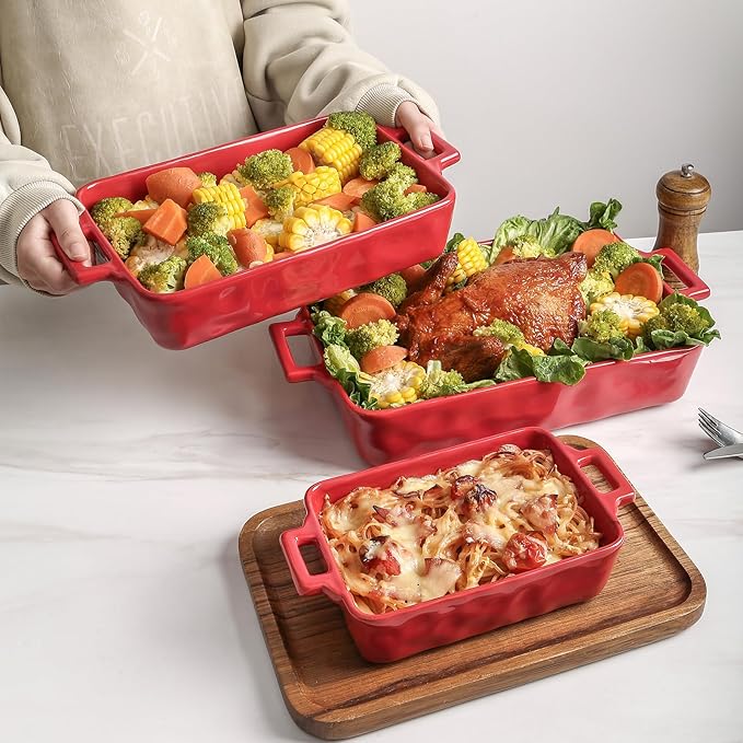 VICRAYS Ceramic Bakeware Set, Porcelain Rectangular Baking Dish, Baking Pan Lasagna Pans Casserole Dish Set for Cooking, Kitchen, Cake Dinner, Banquet and Daily Use, 3 PCS, 15 x 8.5 Inches (Red) - Image 2
