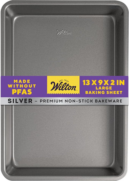 Wilton Silver Non Stick Oblong Cake Pan, Perfect for Cake and Lasagna, Made without PFAS, Durable Steel, Even Heating, 13 x 9 x 2 in, Packaging May Vary