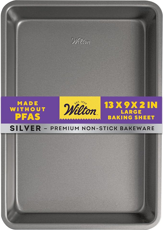 Wilton Silver Non Stick Oblong Cake Pan, Perfect for Cake and Lasagna, Made without PFAS, Durable Steel, Even Heating, 13 x 9 x 2 in, Packaging May Vary