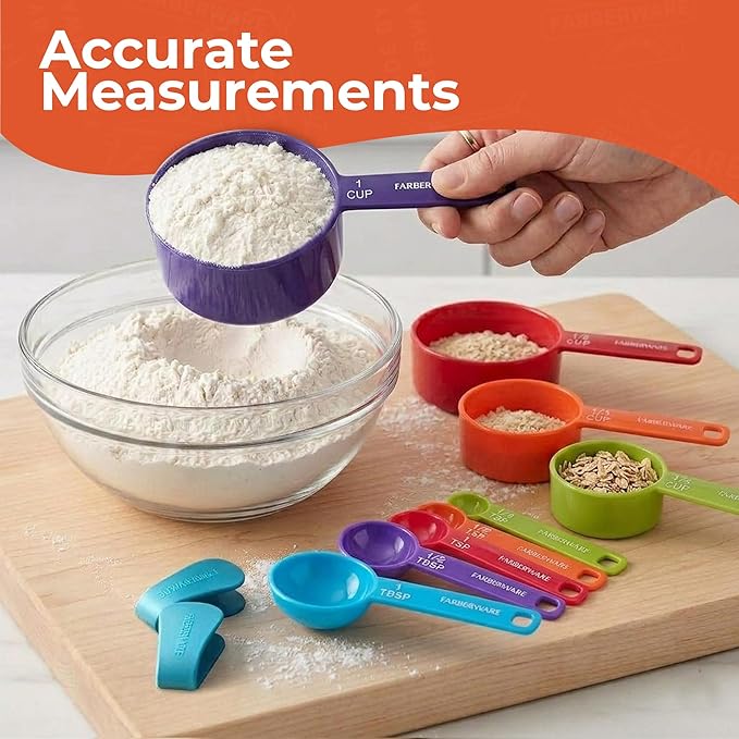 Farberware Kitchen Basics Measuring Cup & Spoon Set – 9-Piece Colorful Nesting Stackable Cups & Spoons with Ring Organizer, Easy-Read Markings for Cooking & Baking, Durable Plastic Kitchen Tools - Image 4