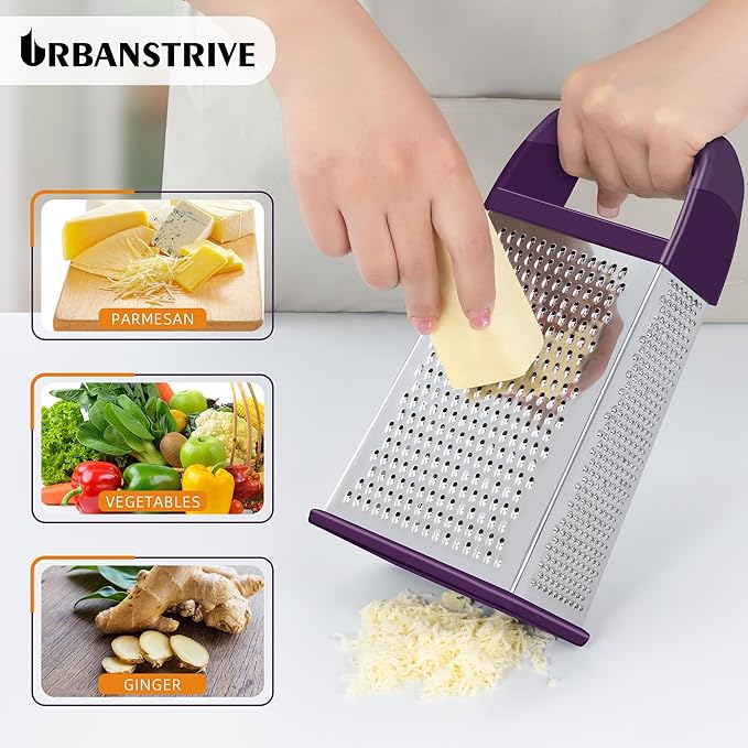 Urbanstrive Cheese Grater With Container, Professional Cheese Grater with Handle, Stainless Steel Graters for Kitchen Handheld, Box Grater with 4 Sides for Vegetables, Ginger, Potatoes (Purple) - Image 3