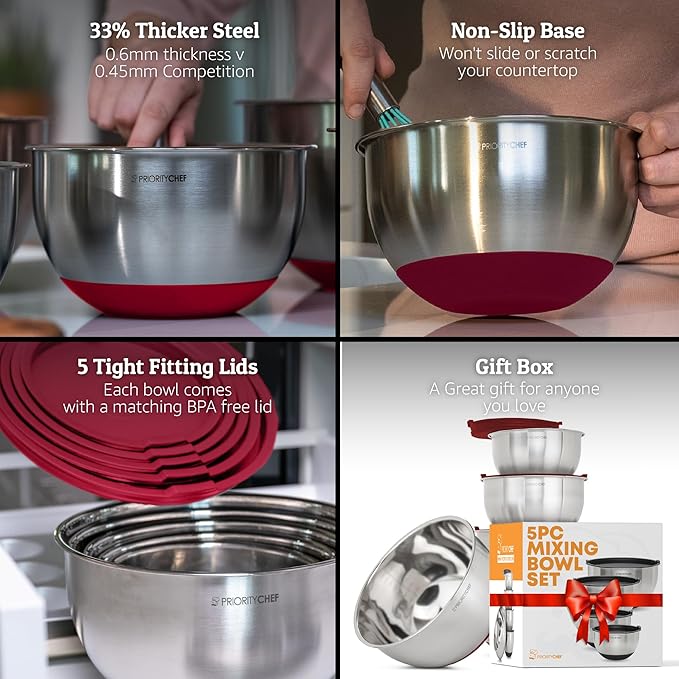 Priority Chef Premium Mixing Bowls With Airtight Lids Set, Thicker Stainless Steel Mixing Bowl Set, Large Prep Metal Bowls with Lids, Nesting Bowls for Kitchen, 1.5/2/3/4/5 Qrt, Red - Image 2