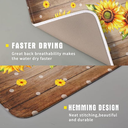 Summer Sunflower Bee Dish Drying Mat for Kitchen Counter,Rustic Yellow Flowers White Polka Dots Drying Mat 16 x 18 Inch with Absorbent Reversible Microfiber Drying Pad for Coffee Bar - Image 3