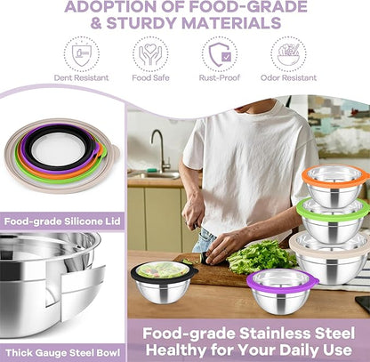 TeamFar Mixing Bowl Set, 4.5/3/1.5/1/0.7 QT Stainless Steel Nesting Salad Bowls with Visible Lids, For Serving/Mixing/Storing, Non-Toxic & Heavy Duty, Airtight & Easy Clean, Multi-Color, Set of 5 - Image 6