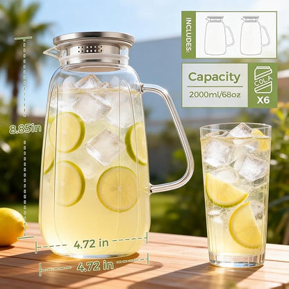 2 Pack Glass Pitcher with Lid and Handle for Fridge, Iced Tea and Coffee Carafe Beverage Serveware, 2 Liters/68 oz Heat Resistant Borosilicate Water Jug for Hot/Cold Drinks