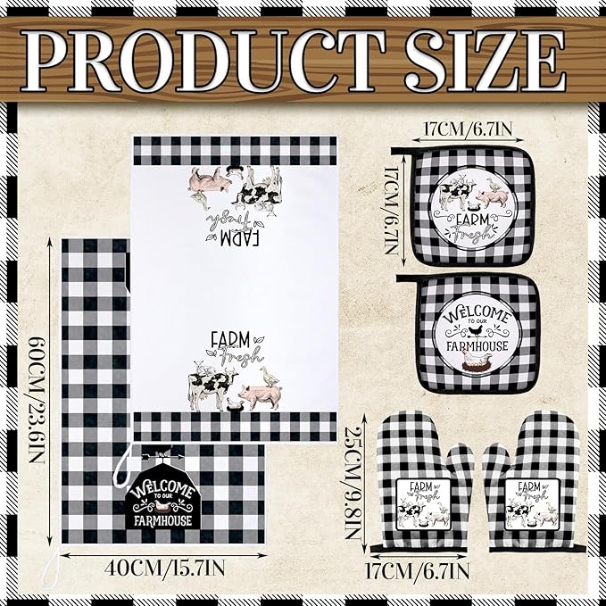 Bencailor 6 Pcs Farm Kitchen Towels Oven Mitts and Pot Holders Decorative Dish Towels Tea Non Slip Heat Resistant Oven Gloves for Summer Home Cooking Dish Baking BBQ, Black, White - Image 2