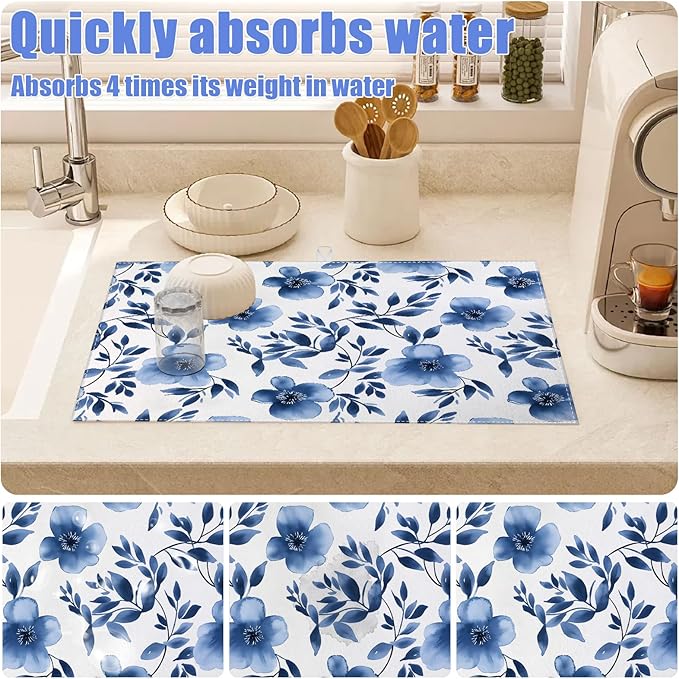 Blue Floral Dish Drying Mat for Kitchen Counter Flower Leaves Drying Pad Absorbent Reversible Dish Drainer Rack Mats Draining Pad 18"x24"Inch - Image 4