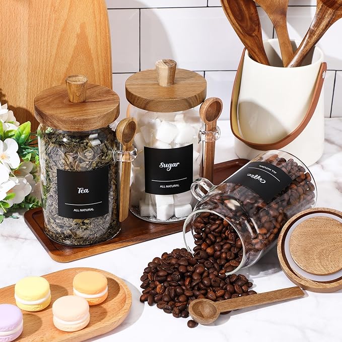 Suclain 3 Pcs Glass Coffee Container with Wooden Lid Spoon Shelf Labels Clear Airtight Jar Food Storage Canister Set for Sugar Spice Coffee Bean Holder Housewarming Gift(25 oz,Acacia Brown) - Image 4