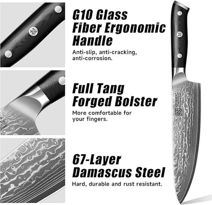 KEEMAKE Damascus Kitchen Knife Set, 2PCS Ultra Sharp 67-Layer Damascus Steel Chef Knife with G10 Non-Slip Handle, Elegant Box for Men Husband