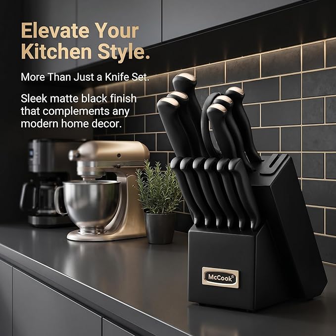 McCook® Knife Sets,German Stainless Steel Knife Block Sets with Built-in Sharpener, Black - Image 8