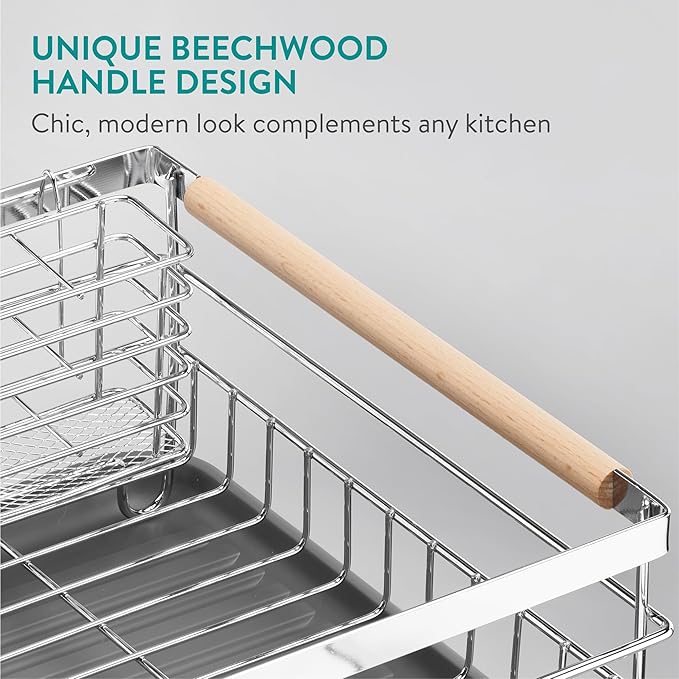 Navaris Dish Rack - Compact Drying Kitchen Board with Drip Tray & Cutlery Holder - Easy to Assemble and Clean Dishes - Sink Drainer Rack - Silver with Wooden Handles - Image 5